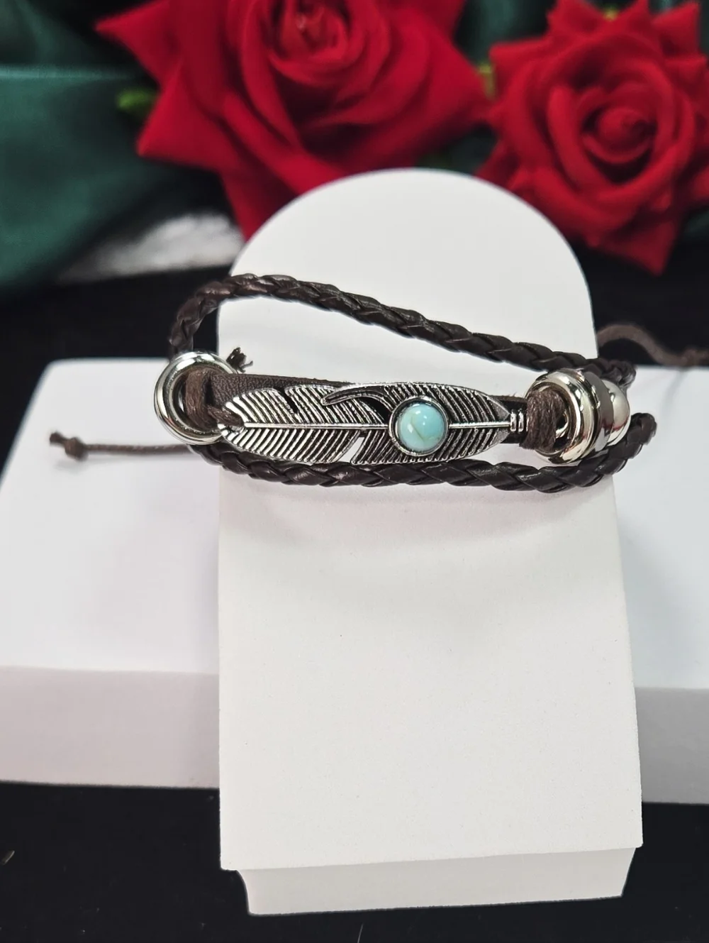 Men’s Leather Feather Bracelet Turquoise Stone Wrap Adjustable Boho Western